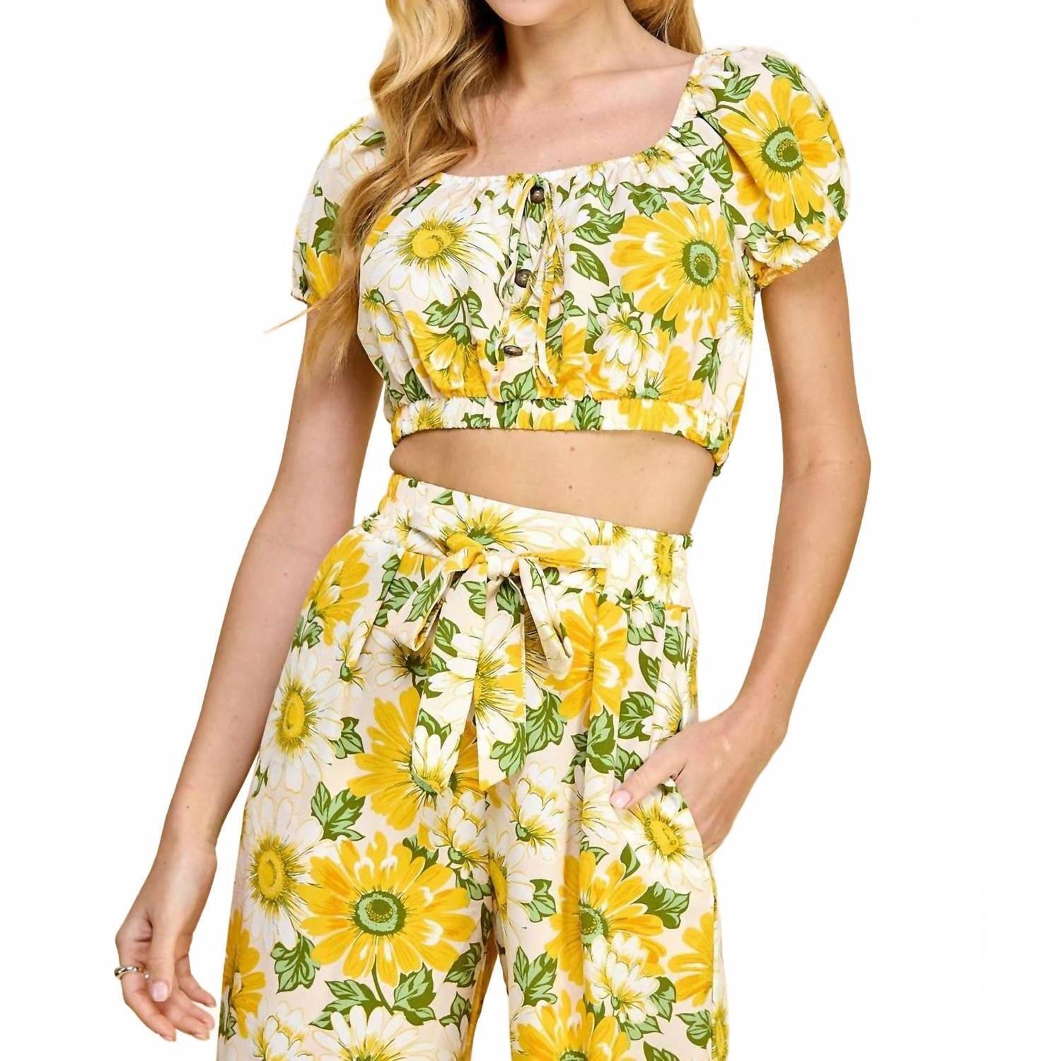 New As U Wish Floral Print Puff Sleeve Button Front Top In Ivory Daisies
